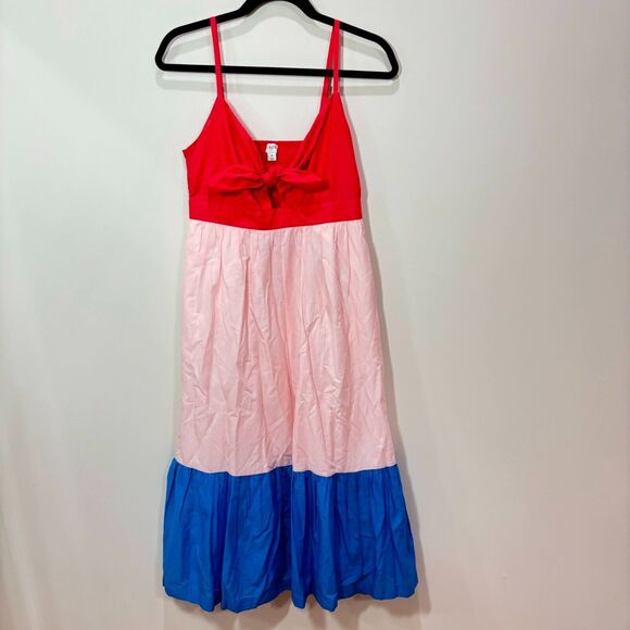 J Crew Colorblock Tiered Midi Dress Tie Front Cutout Sz 4 Easter July 4 - Picture 2 of 11
